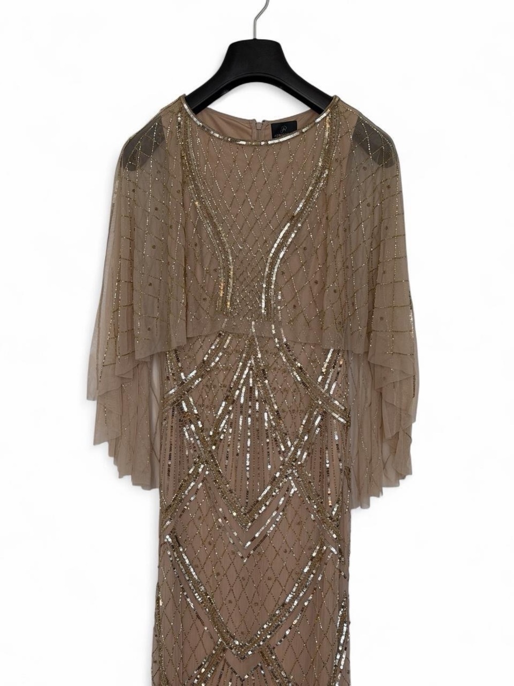 Adrianna Papell Gold Beaded Cape Sleeve Maxi Dress